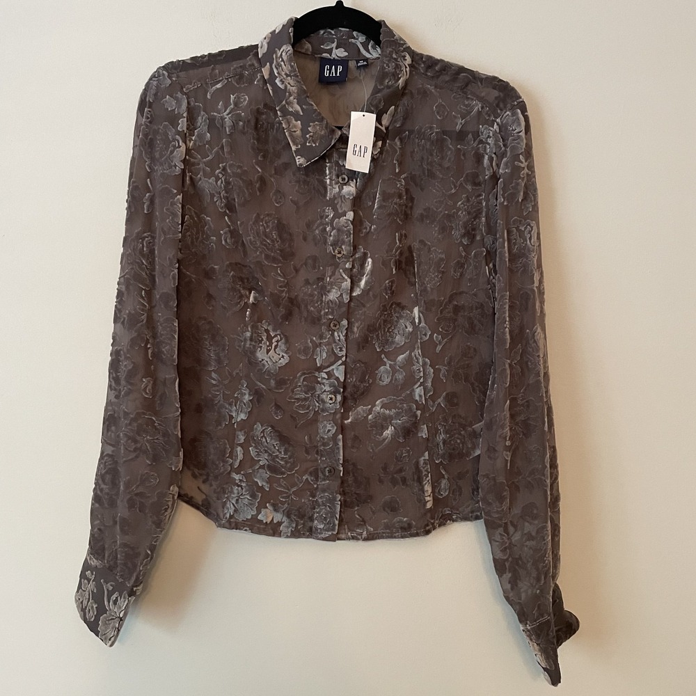 NWT Gap Sheer Burnout Velvet Long Sleeve Button Up Shirt Sz M Layer Meshy Grunge